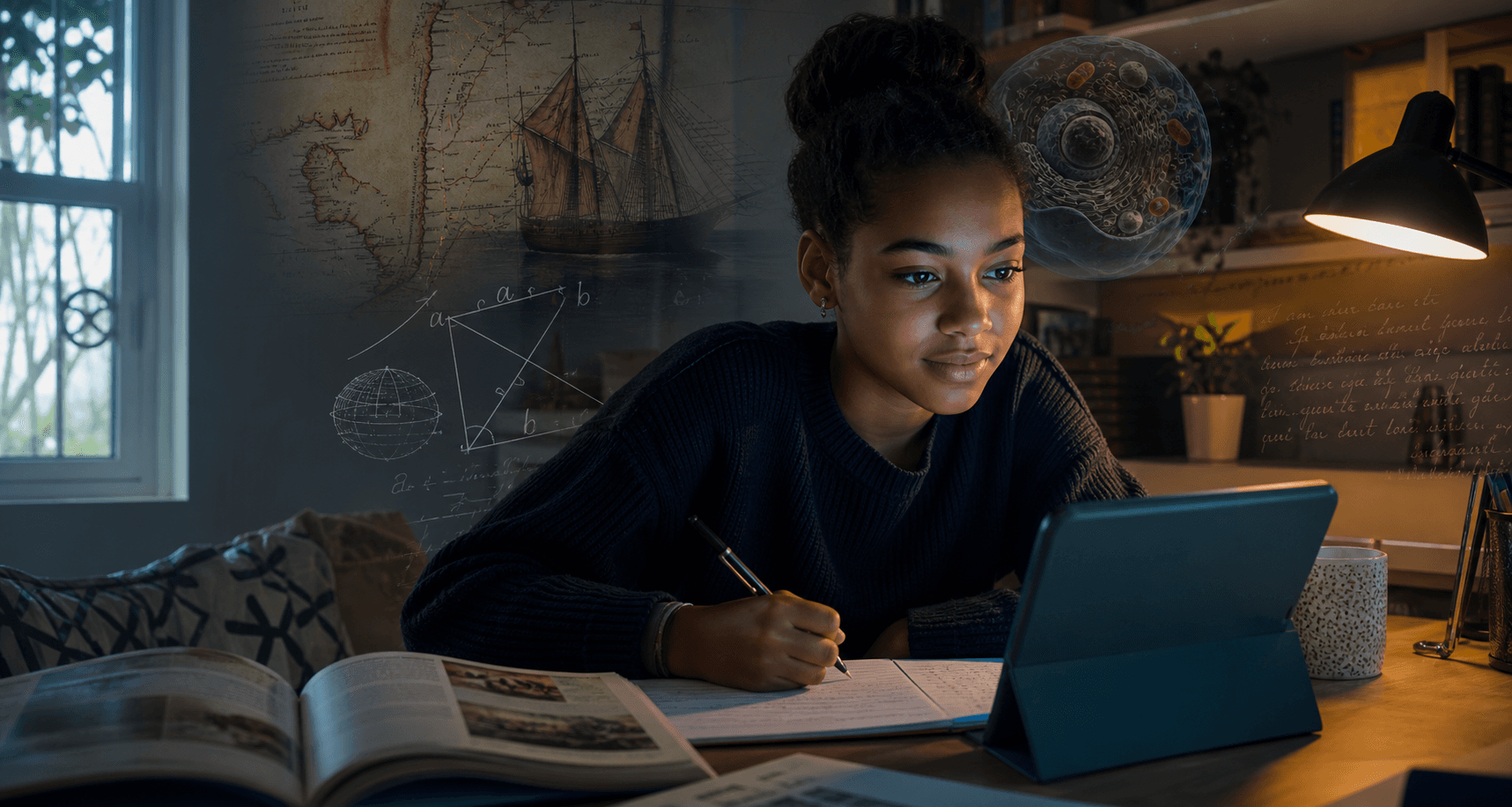 A teenage learner engaged with schoolwork and Echo
