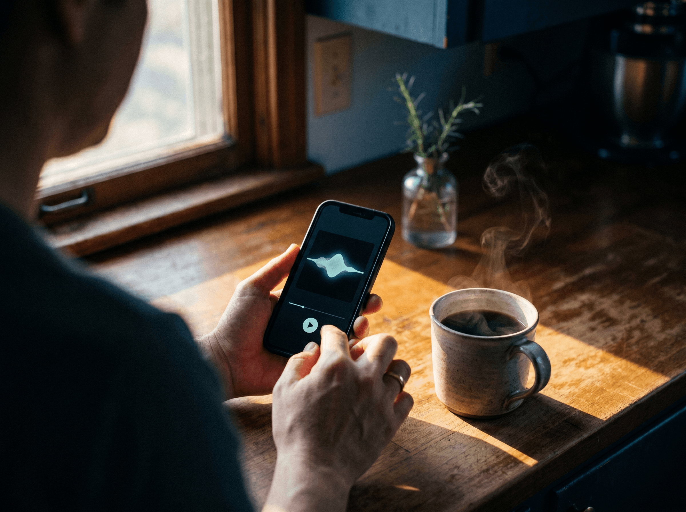 Parent listening to the weekly briefing on a Sunday morning, phone in hand, coffee beside them.